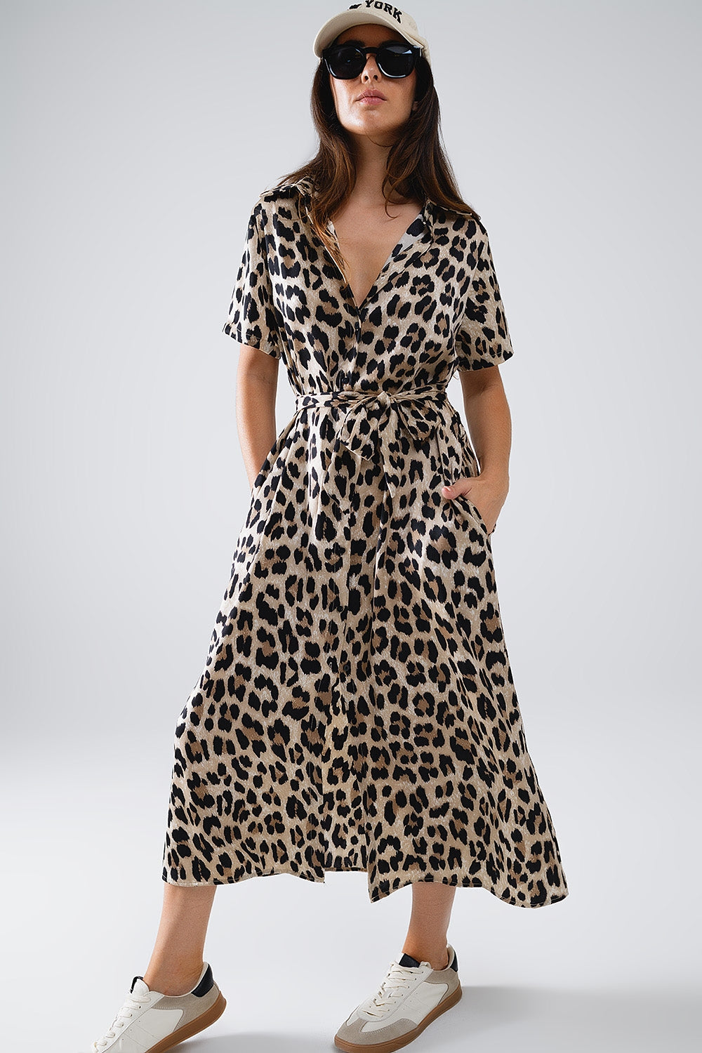 Short Sleeve Shirt Midi Dress With Belt In Leopard Print - dress
