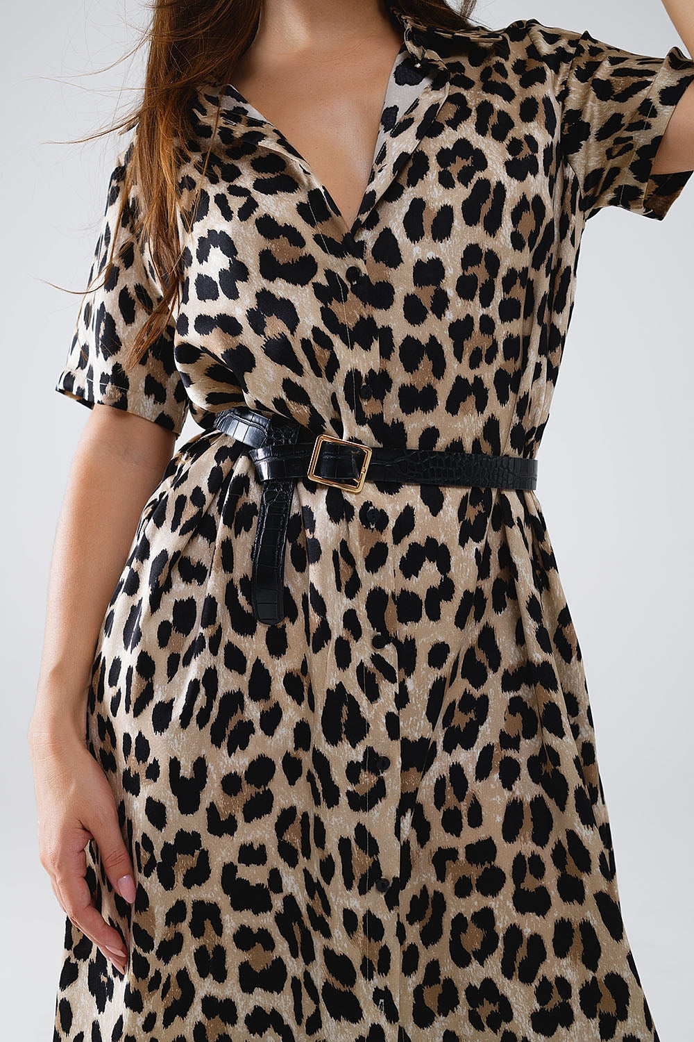 Short Sleeve Shirt Midi Dress With Belt In Leopard Print - dress
