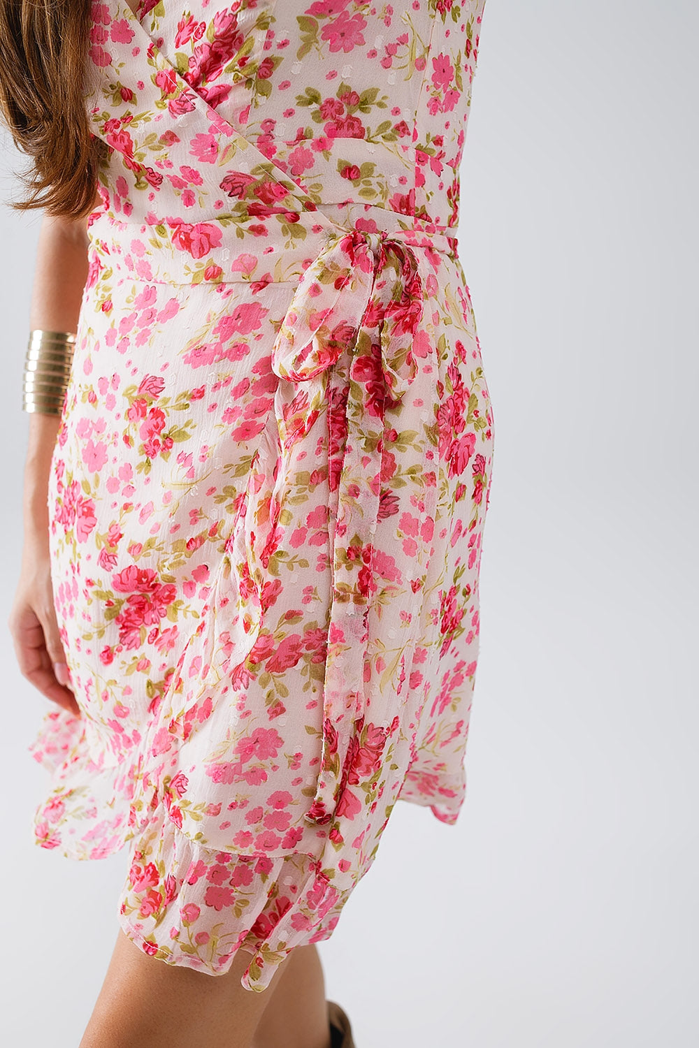 Plumetti Short Wrap Dress in Pink Floral Print - dress