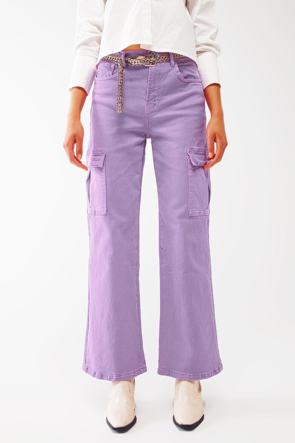 Straight Leg Cargo Jeans in Purple - Coloured Jeans