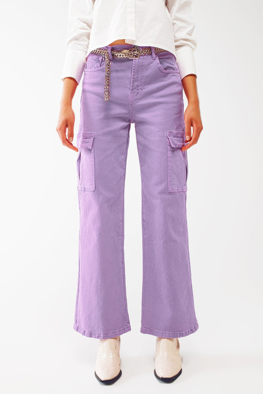 Straight Leg Cargo Jeans in Purple - Coloured Jeans