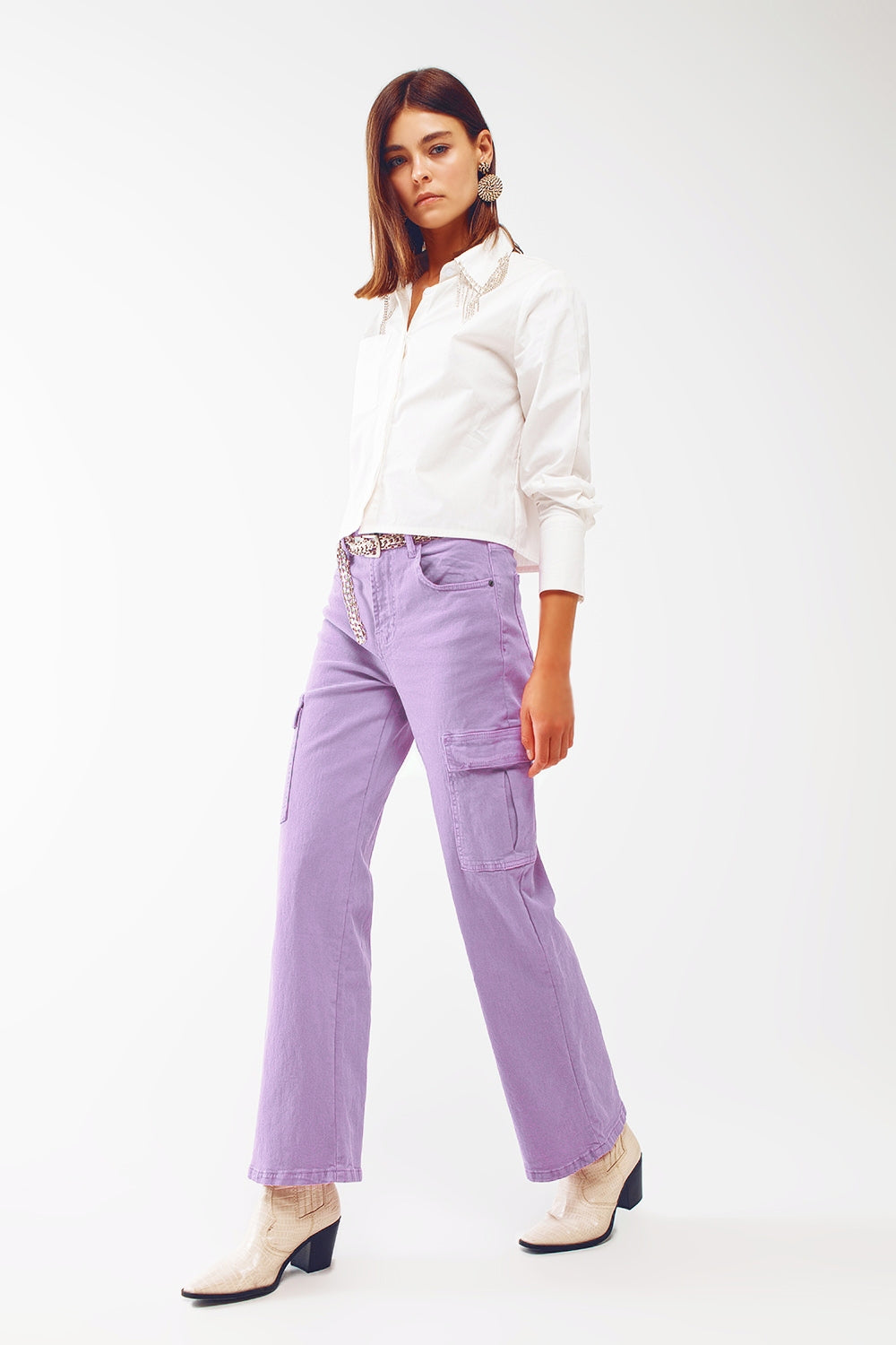 Straight Leg Cargo Jeans in Purple - Coloured Jeans