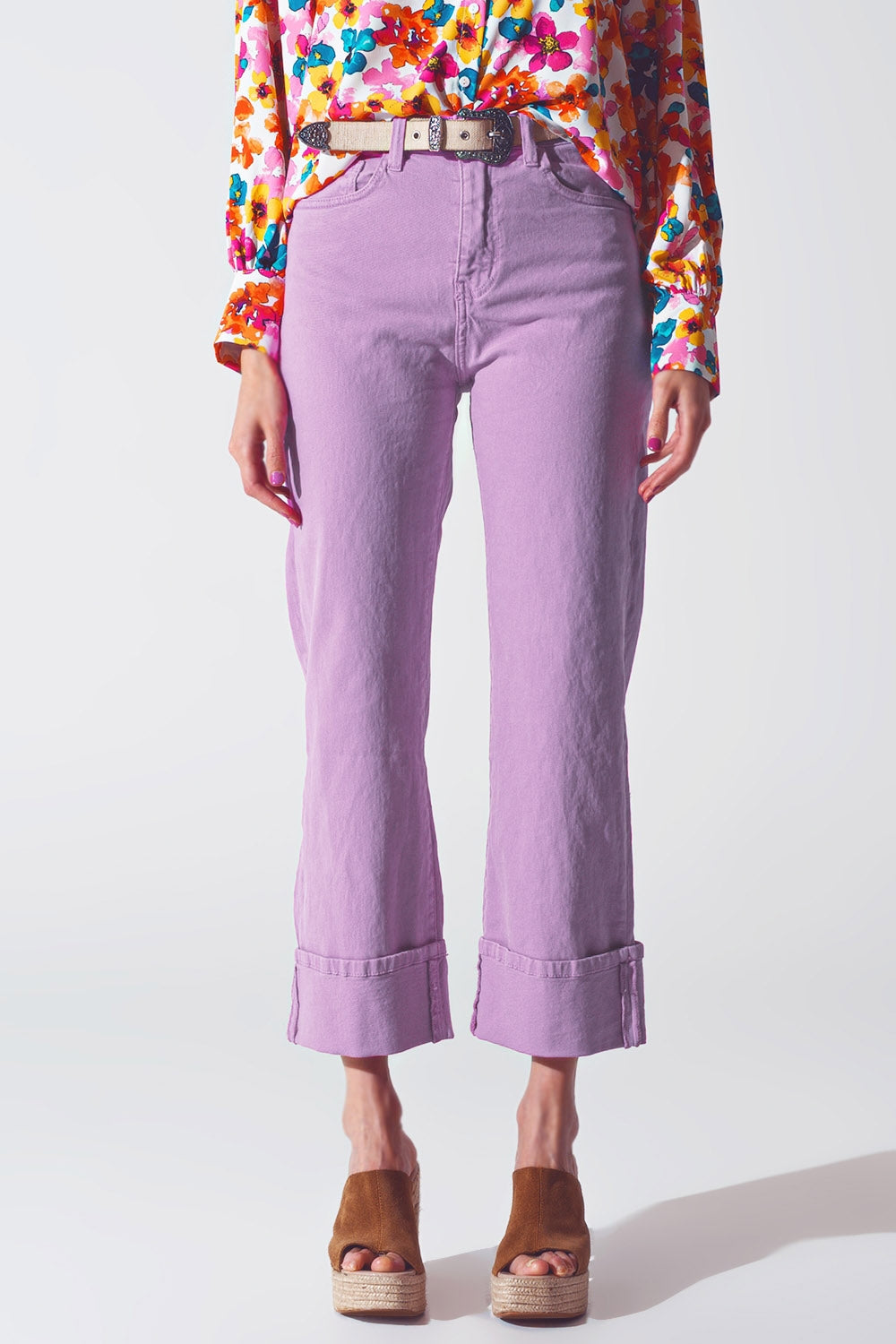 Straight Leg Jeans with Cropped Hem in Purple - Coloured Jeans