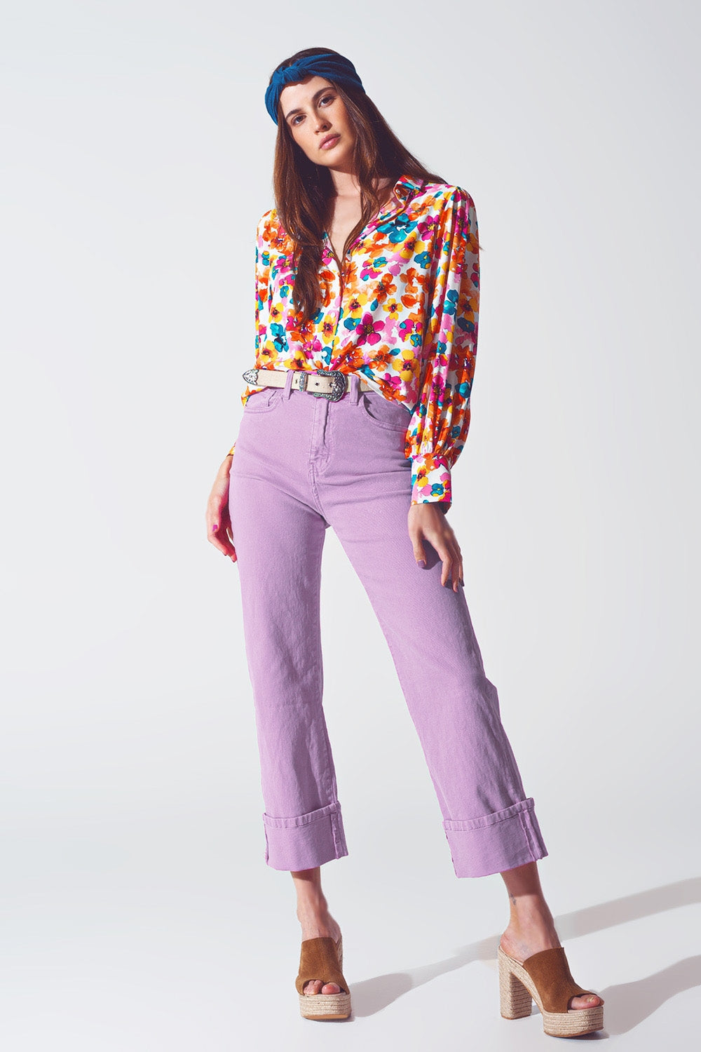 Straight Leg Jeans with Cropped Hem in Purple - Coloured Jeans