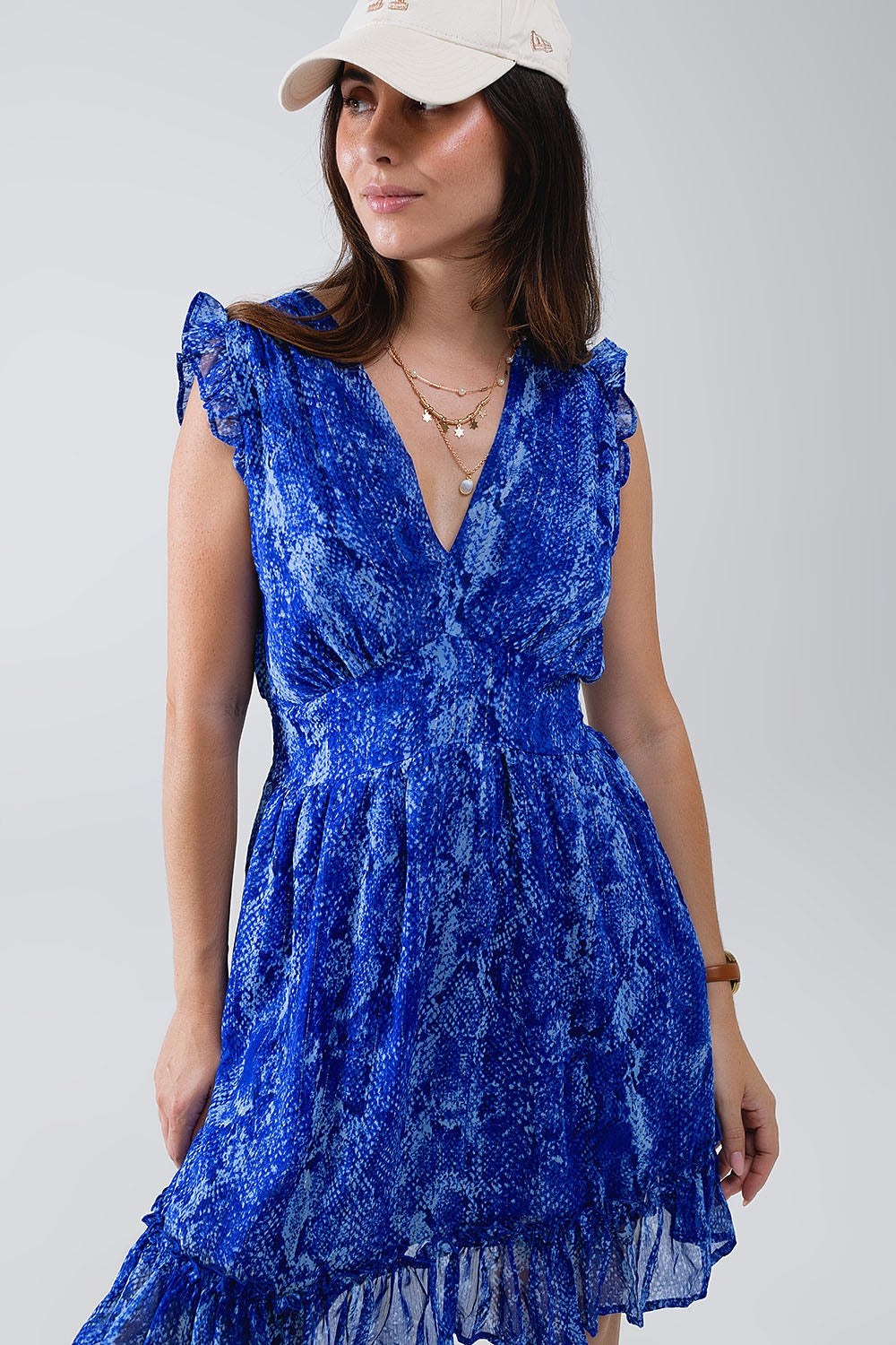 Skater Dress With Cinched Waist in Snake Blue Print With Gold Lurex Thread - dress