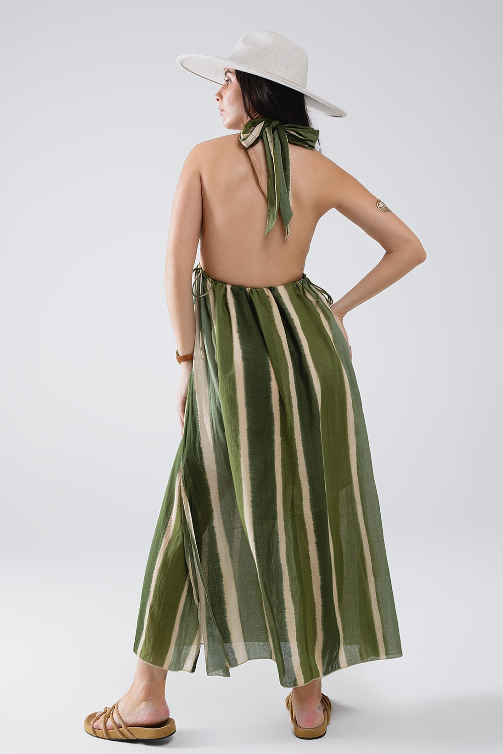 Maxi V-Neck Halter Dress With Side Slits In Striped Tie-dye Green - dress
