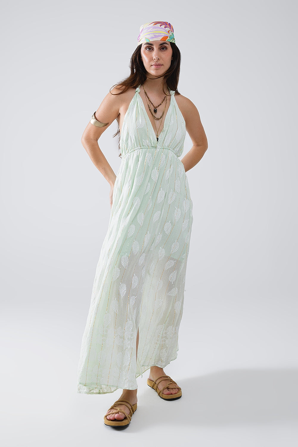 Midi Halter Dress in Mint Leaf Print With Lurex Details - dress