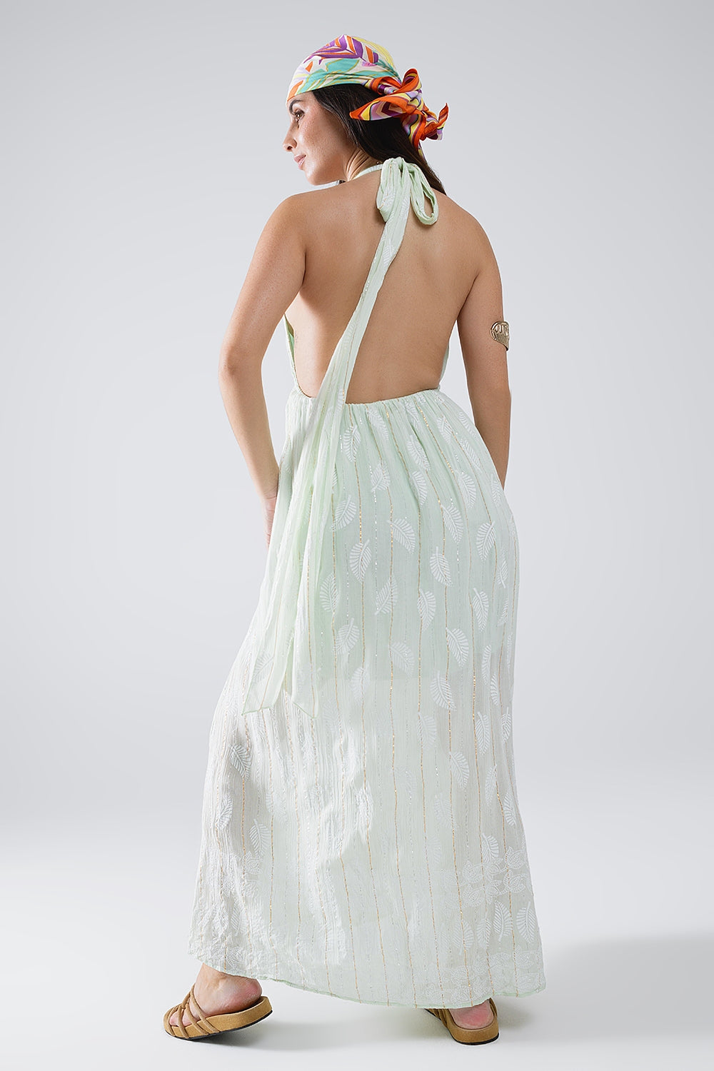 Midi Halter Dress in Mint Leaf Print With Lurex Details - dress