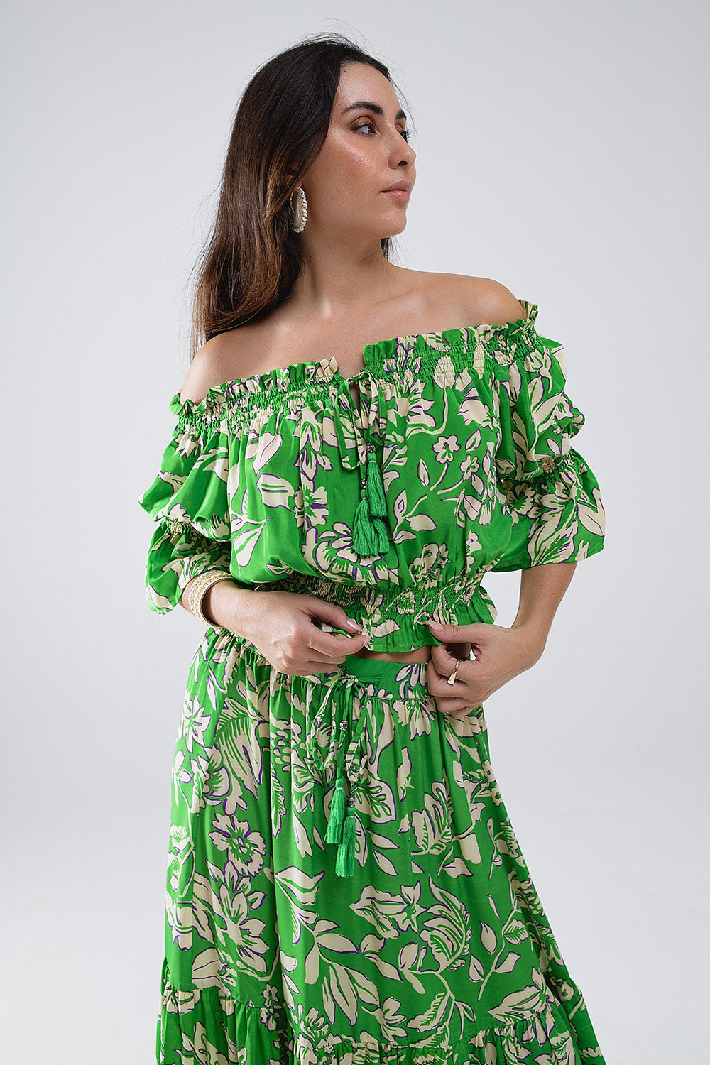 Green Off The Shoulder Top With Elastic Waist in Floral Print - Shirts