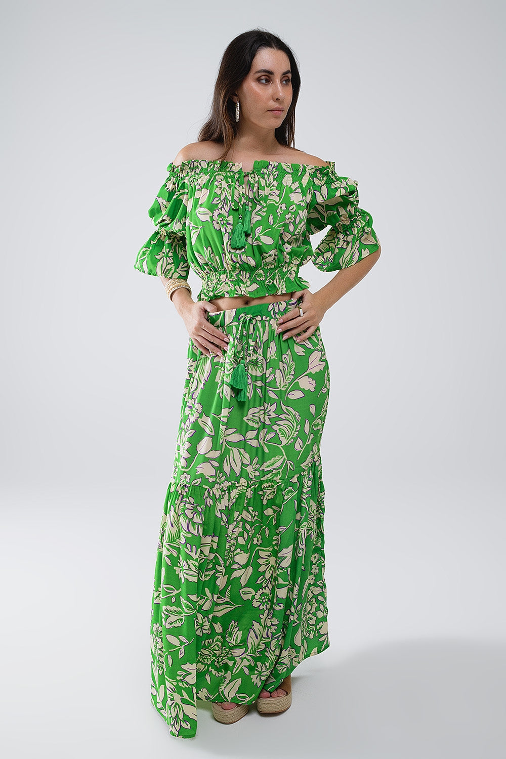 Green Off The Shoulder Top With Elastic Waist in Floral Print - Shirts