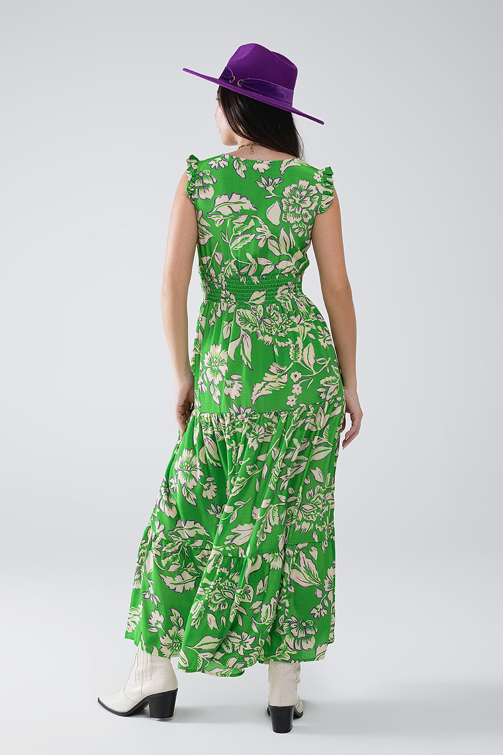 Maxi Cinched Waist Floral Print Dress in Green - dress