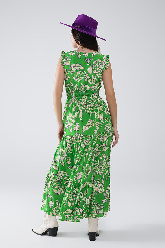 Maxi Cinched Waist Floral Print Dress in Green - dress