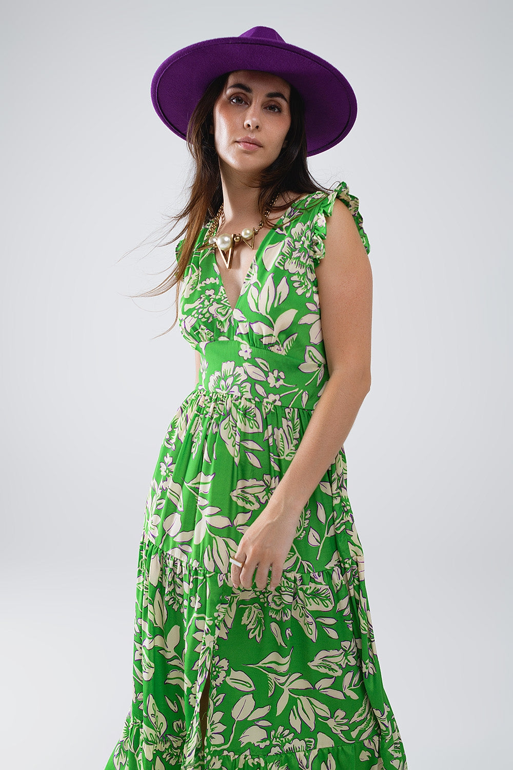 Maxi Cinched Waist Floral Print Dress in Green - dress