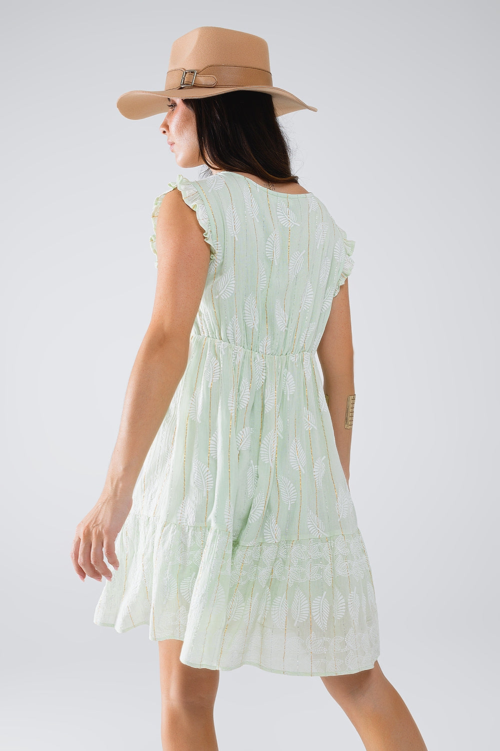 Short Babydoll Dress With Leaf Print And Lurex Thread in Mint - dress