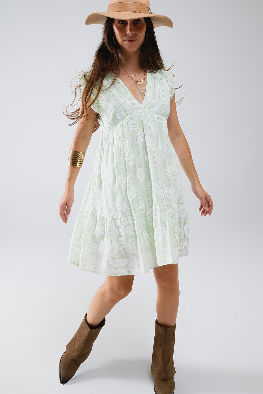 Short Babydoll Dress With Leaf Print And Lurex Thread in Mint - dress