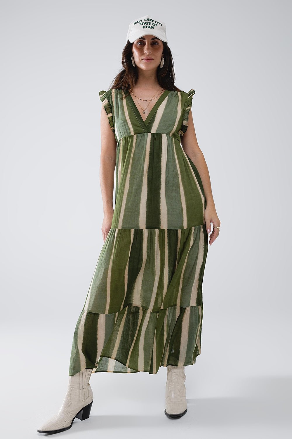 Maxi V-Neck Dress With Tiered Skirt In Striped Tie-dye Green - dress