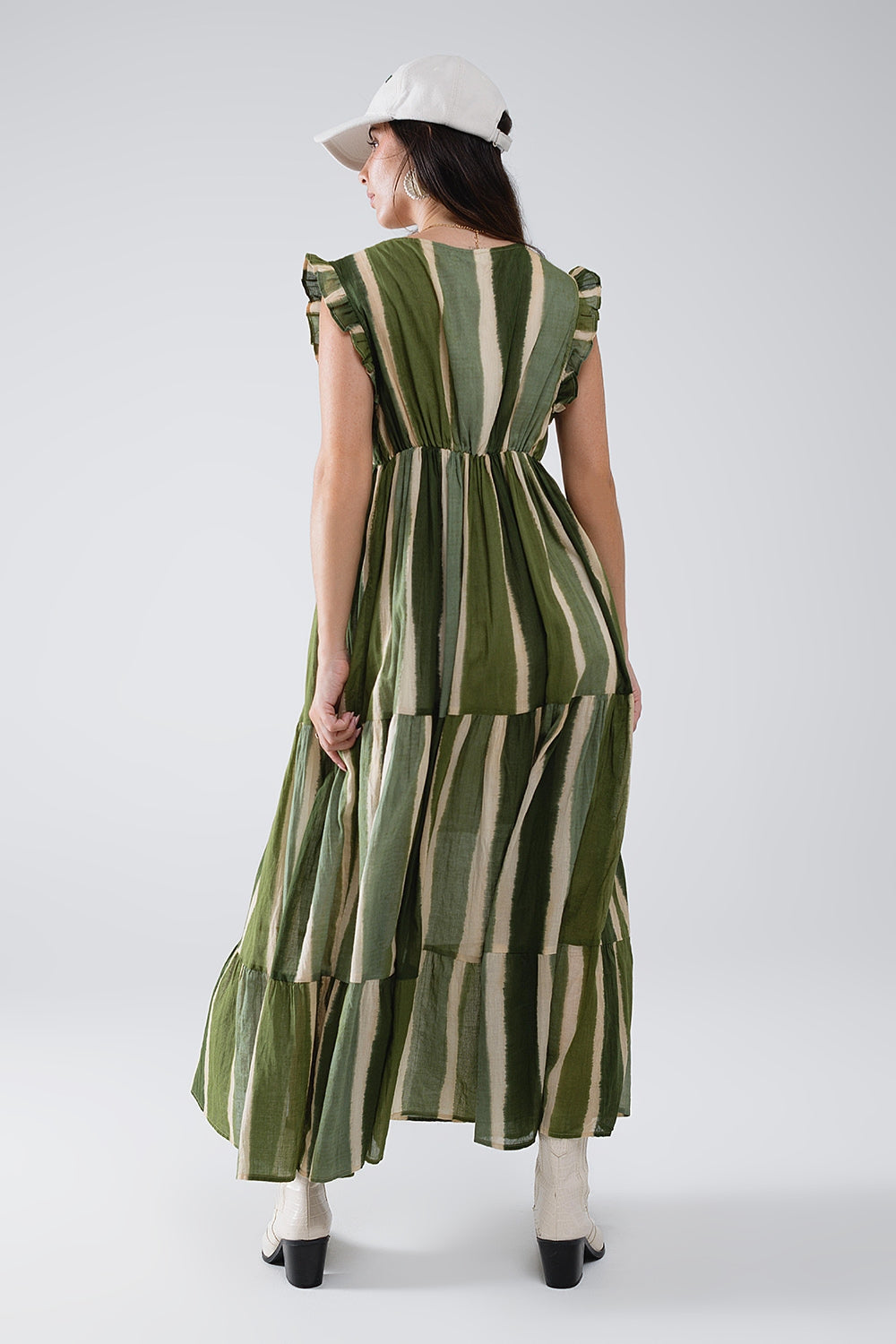 Maxi V-Neck Dress With Tiered Skirt In Striped Tie-dye Green - dress