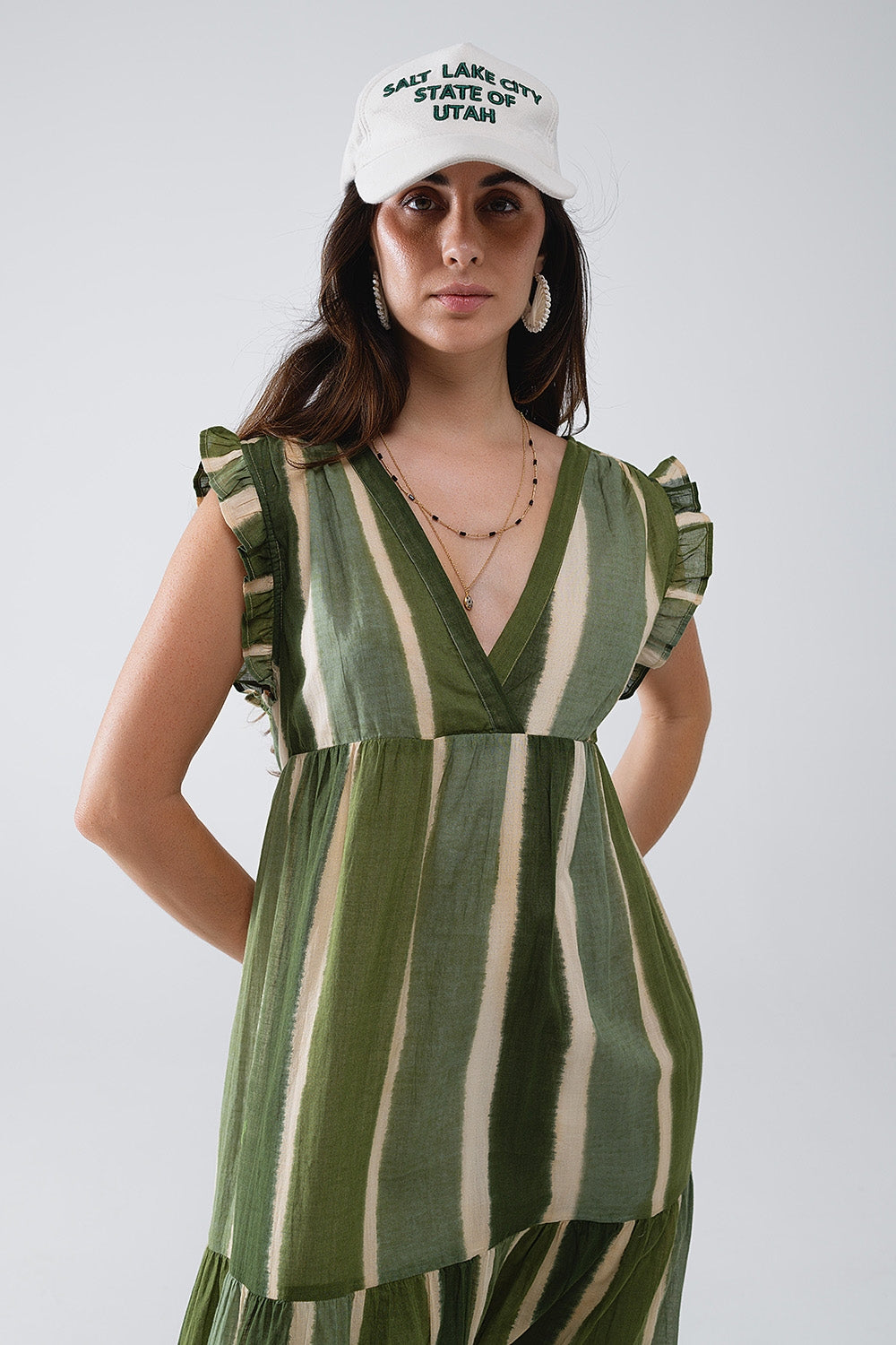 Maxi V-Neck Dress With Tiered Skirt In Striped Tie-dye Green - dress