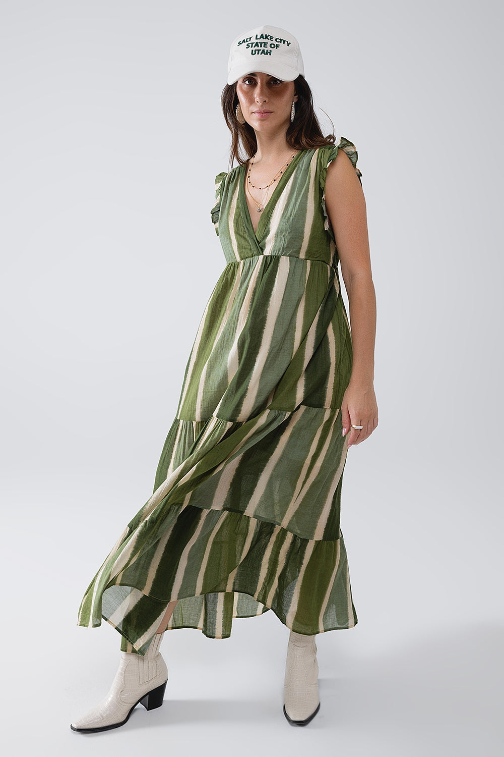 Maxi V-Neck Dress With Tiered Skirt In Striped Tie-dye Green - dress