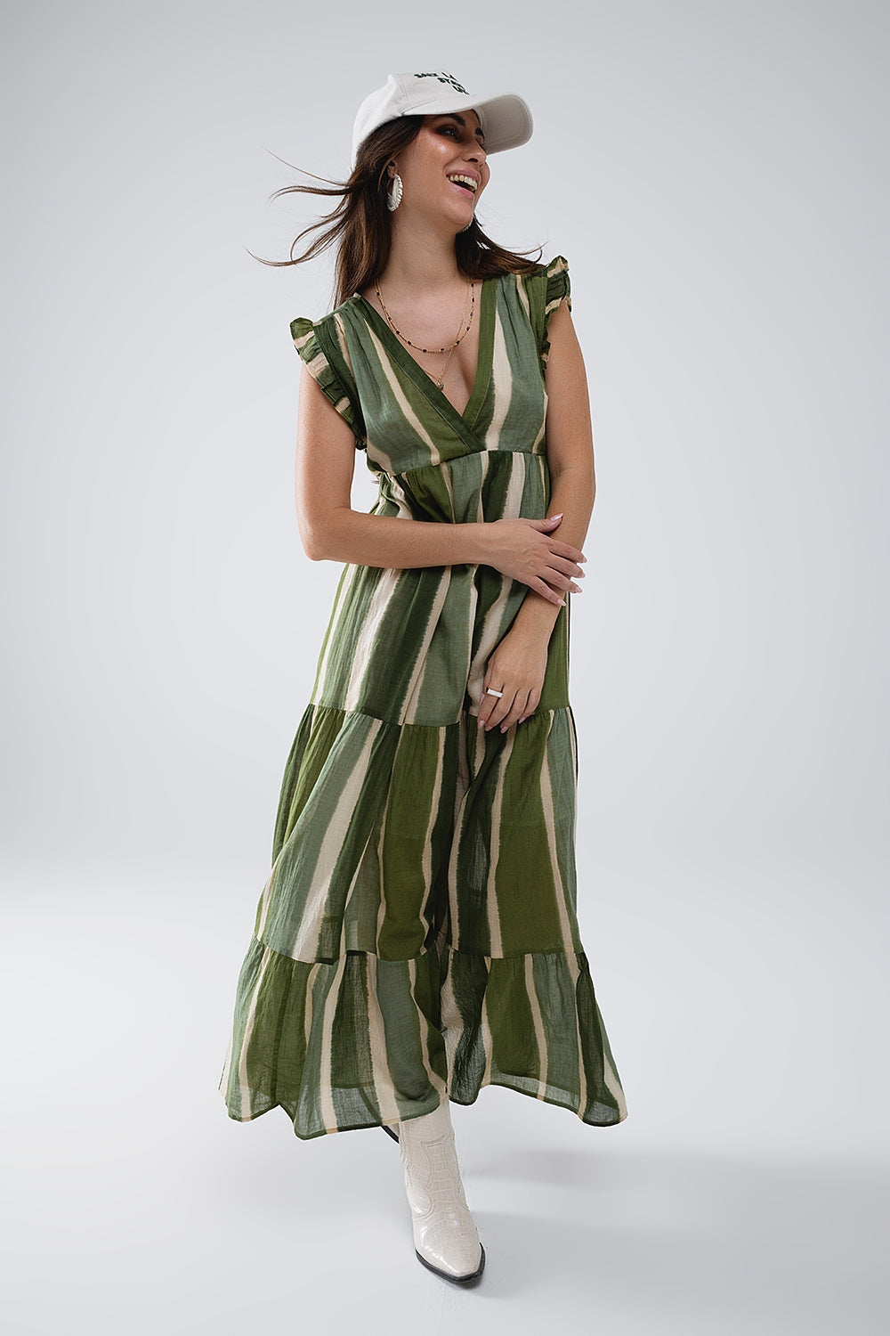 Maxi V-Neck Dress With Tiered Skirt In Striped Tie-dye Green - dress