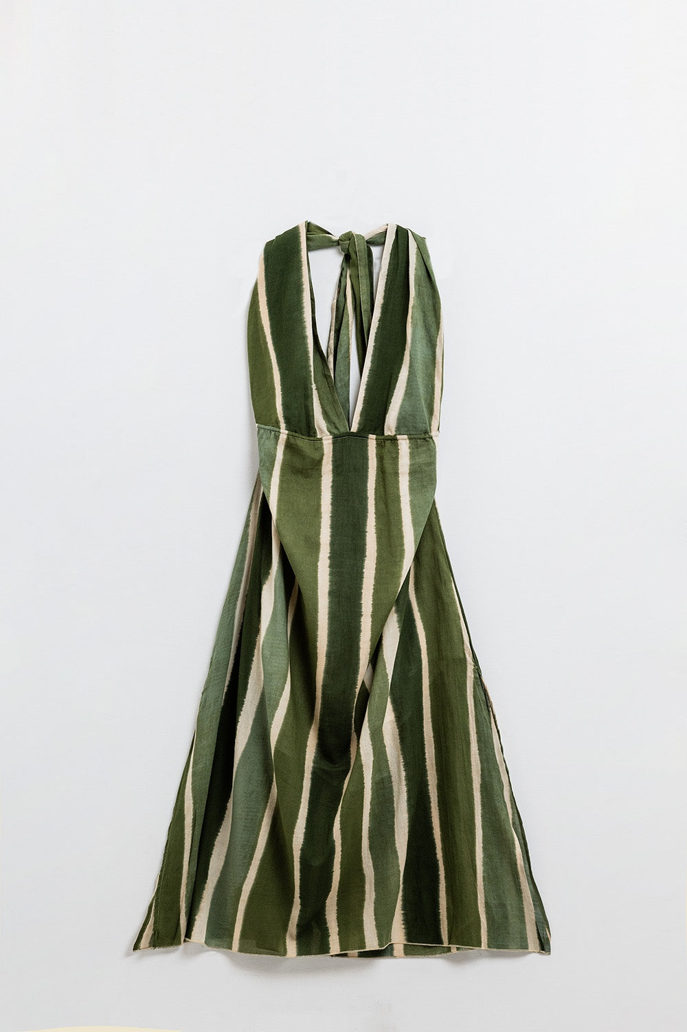 Maxi V-Neck Halter Dress With Side Slits In Striped Tie-dye Green - dress