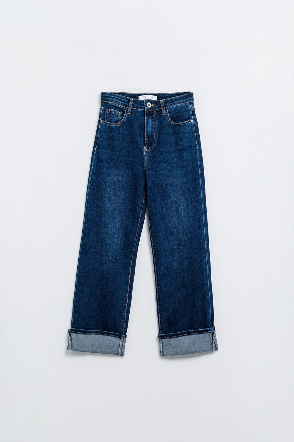 Dark Blue denim Straight Jeans With Folded Hem - Denim