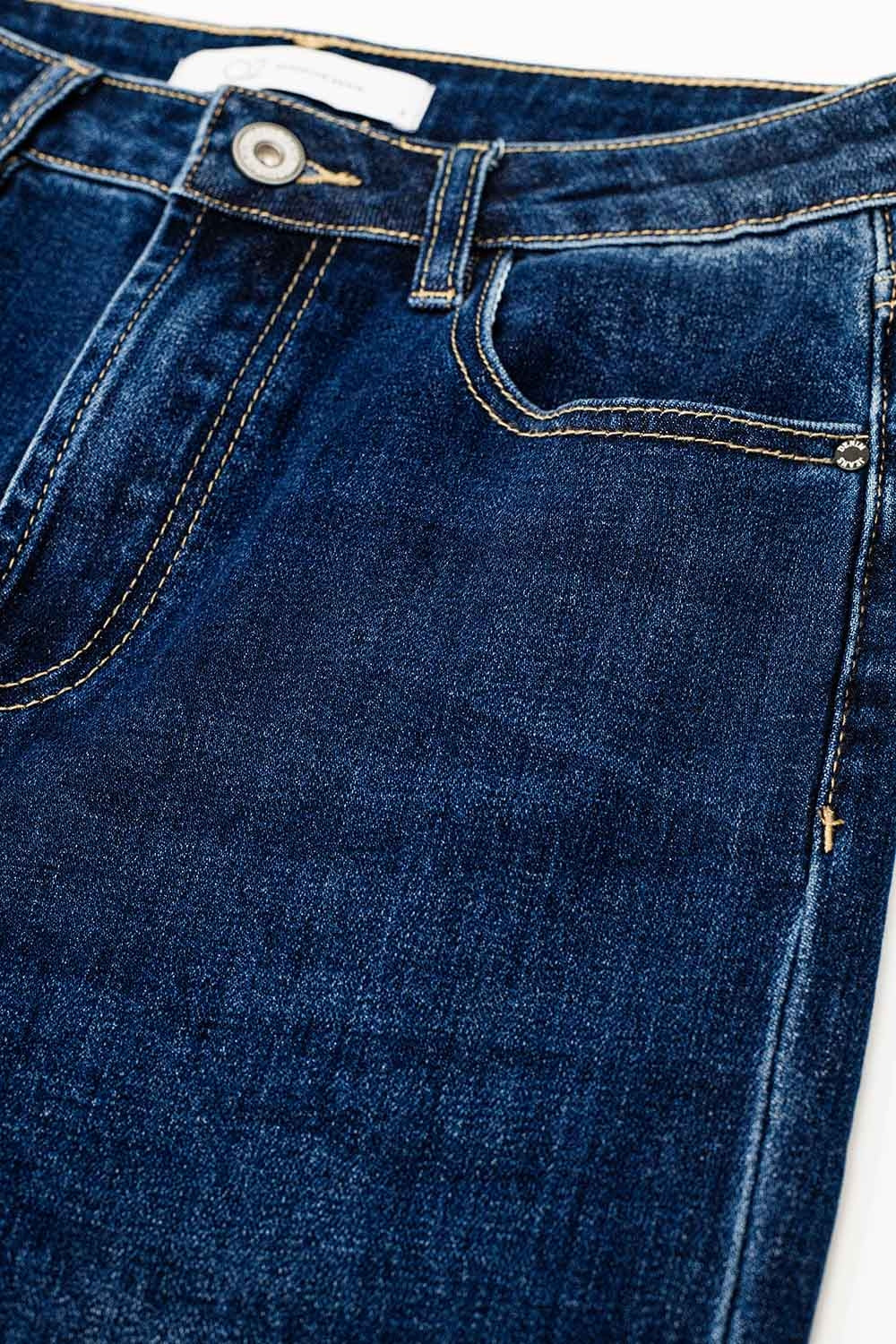 Dark Blue denim Straight Jeans With Folded Hem - Denim