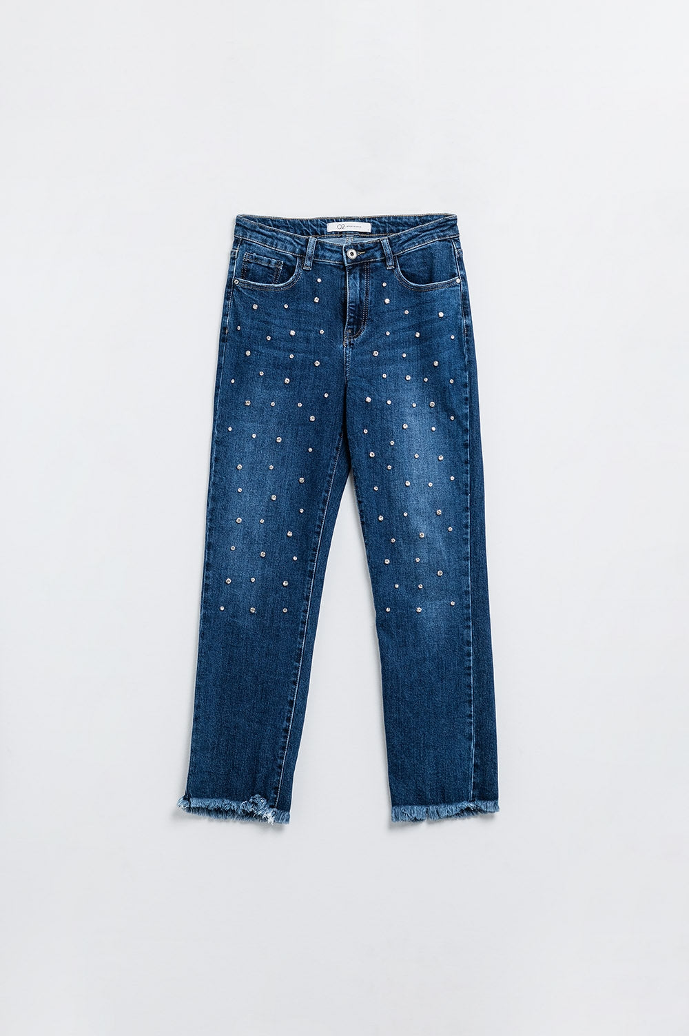 Straight Blue Jeans With Strass Front Details And Frayed Ends - Denim