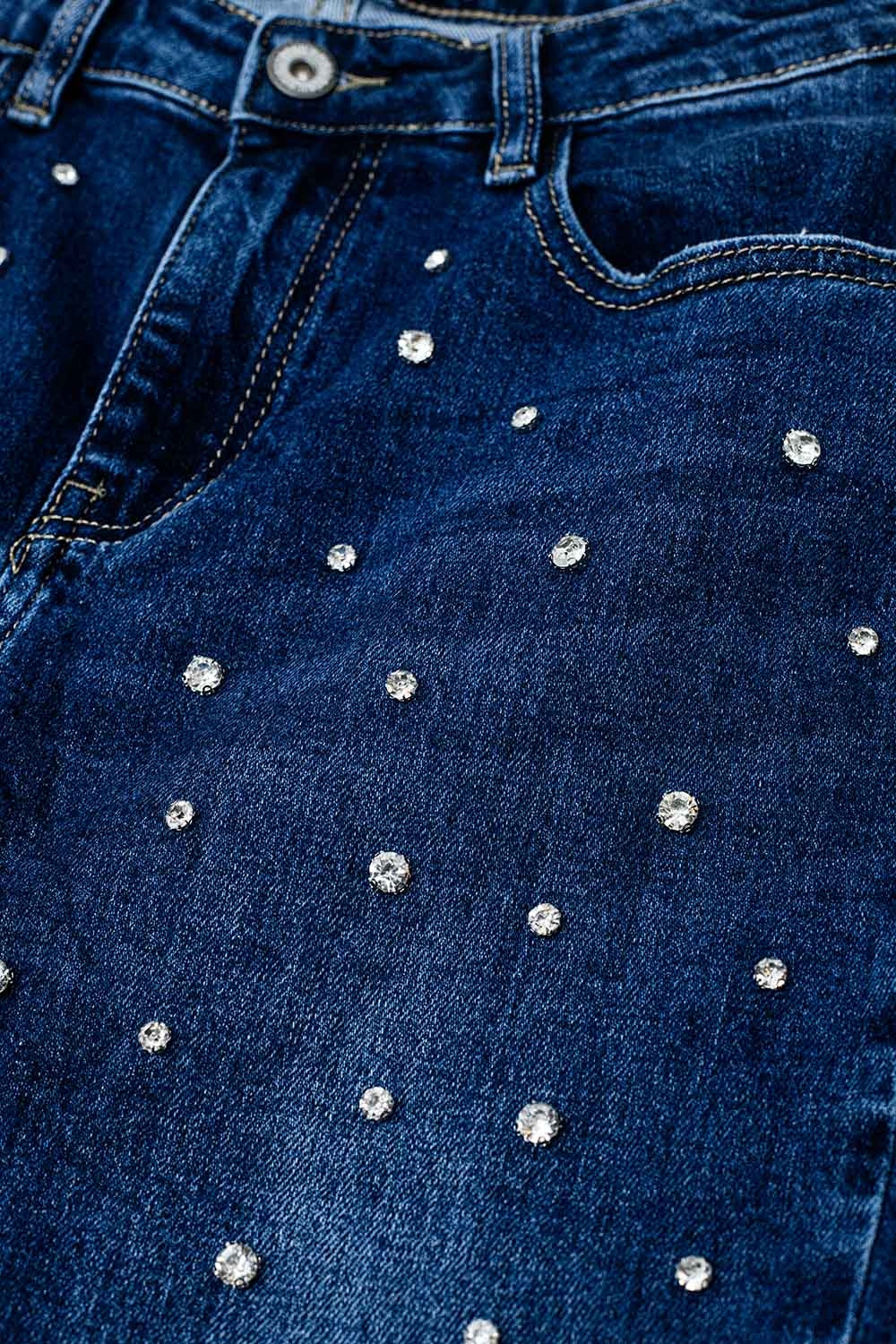 Straight Blue Jeans With Strass Front Details And Frayed Ends - Denim