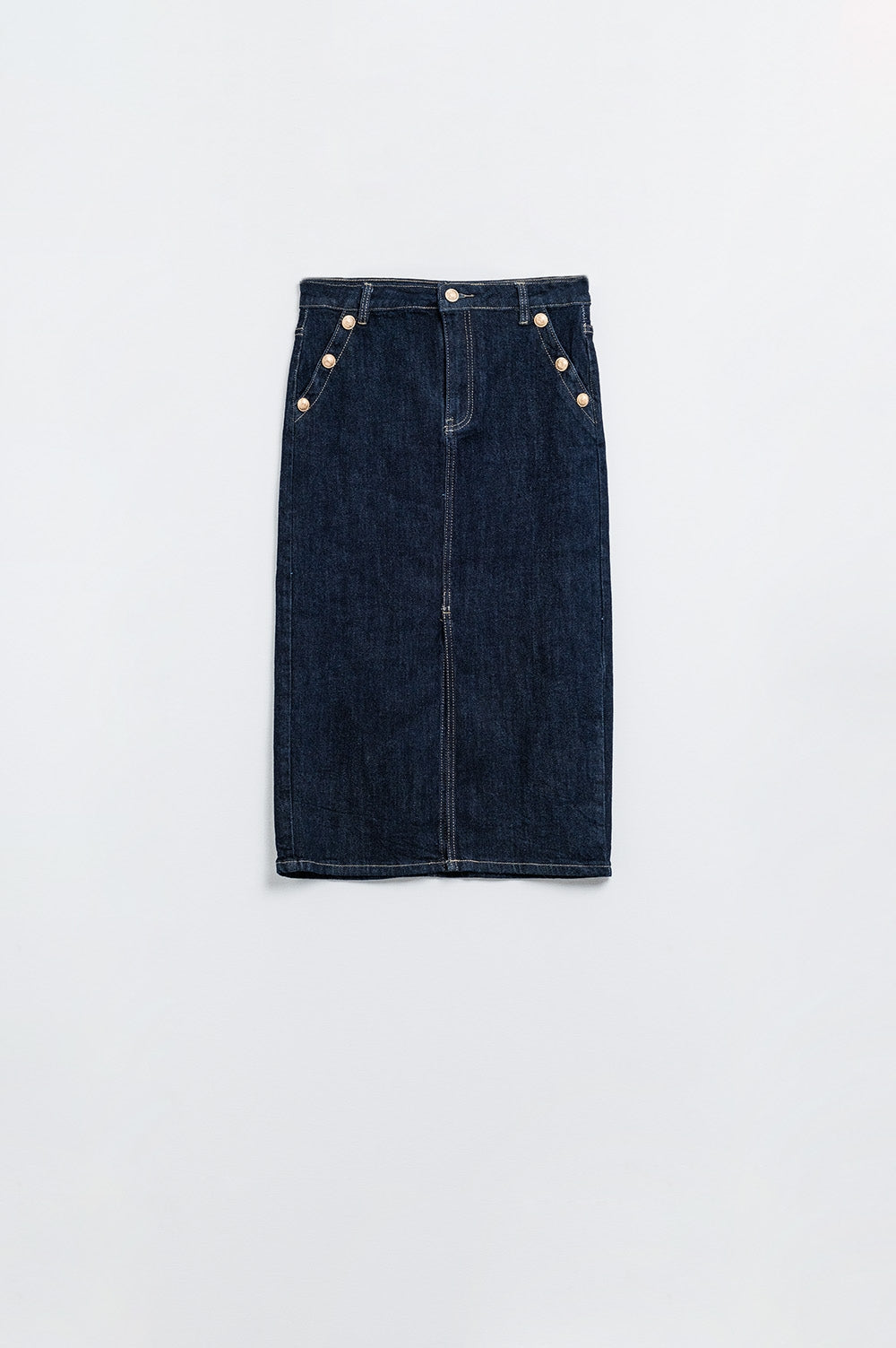 Denim Skirt With Front Slit And Gold Buttons on Sides - Skirts, Denim