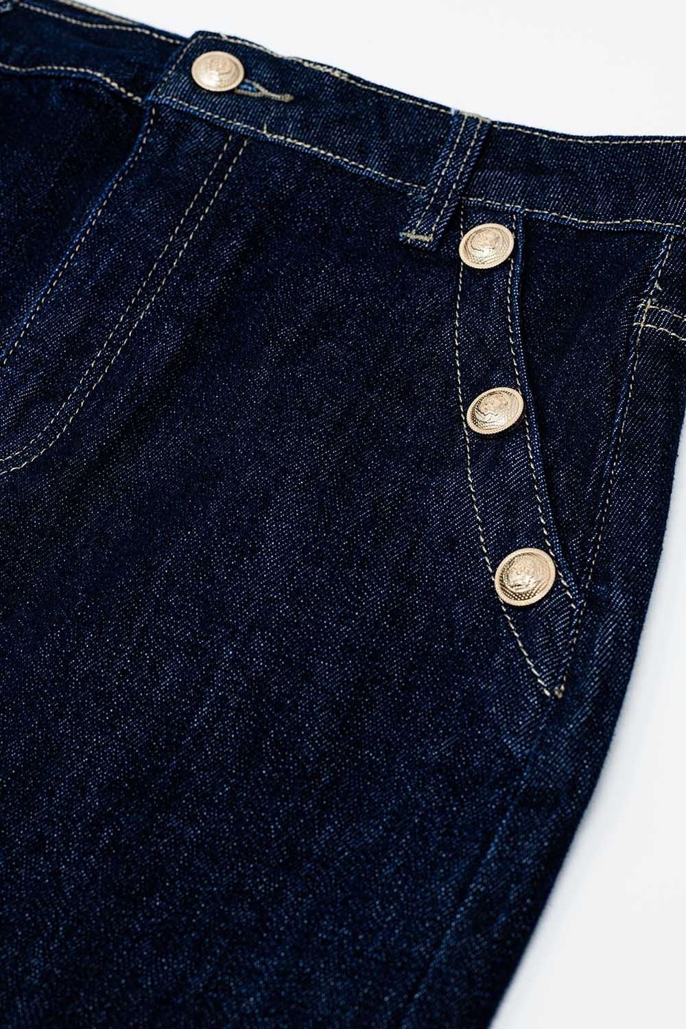 Denim Skirt With Front Slit And Gold Buttons on Sides - Skirts, Denim