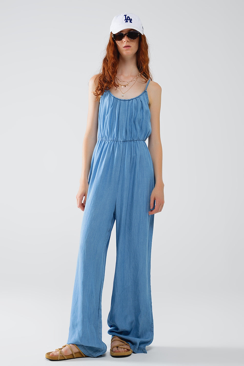 Sleevless Tencel Denim Jumpsuit With Elastic Waist - One-piece