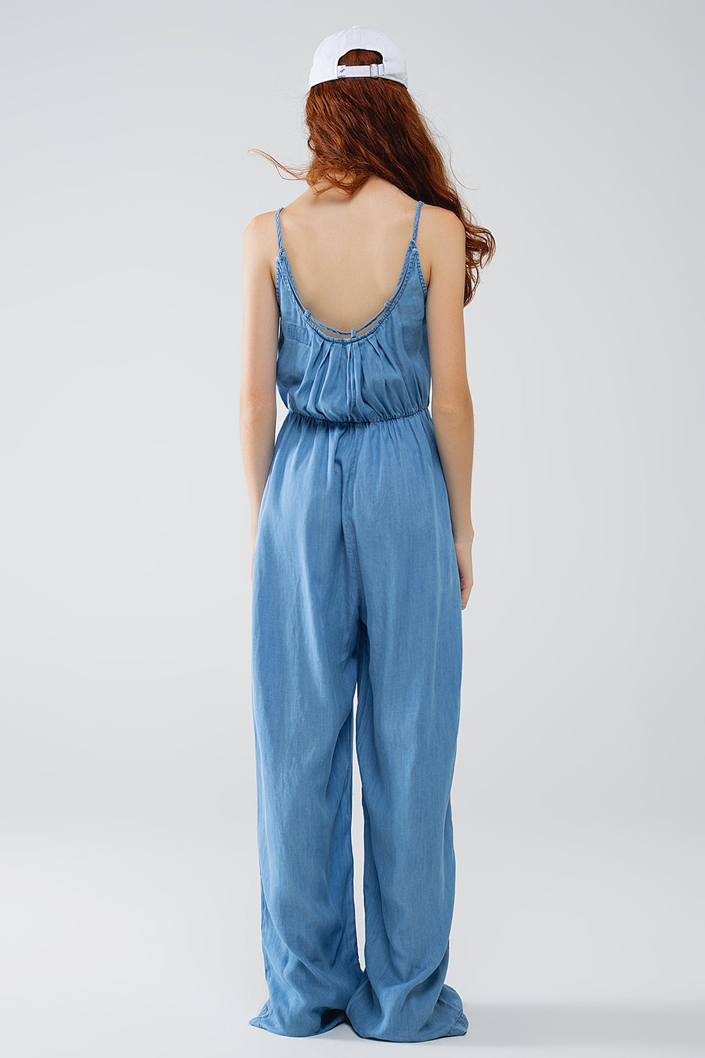 Sleevless Tencel Denim Jumpsuit With Elastic Waist - One-piece