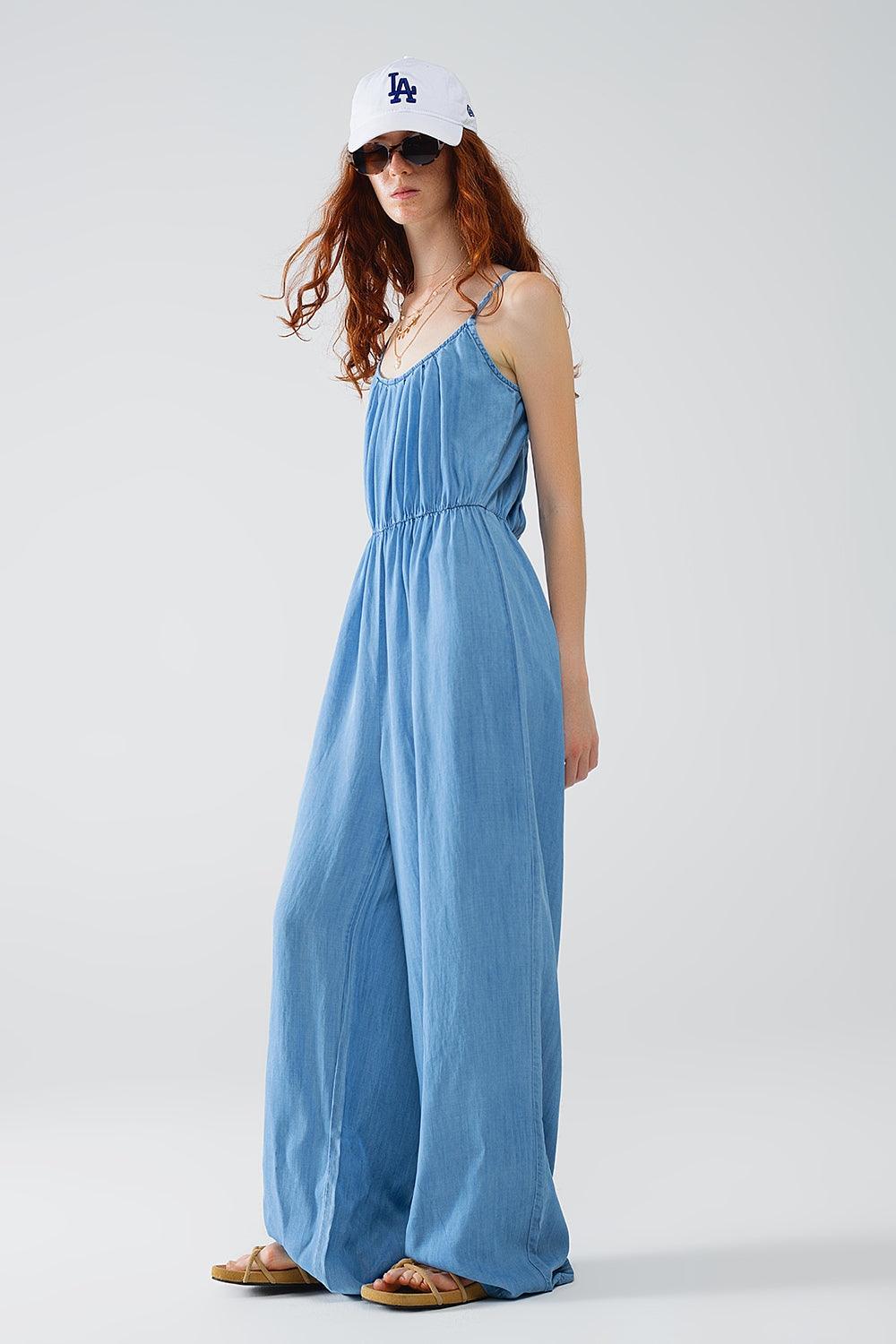 Sleevless Tencel Denim Jumpsuit With Elastic Waist - One-piece