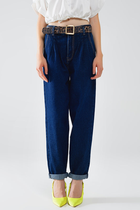 Raw Blue Mom Jeans With Pleated Detail - Denim