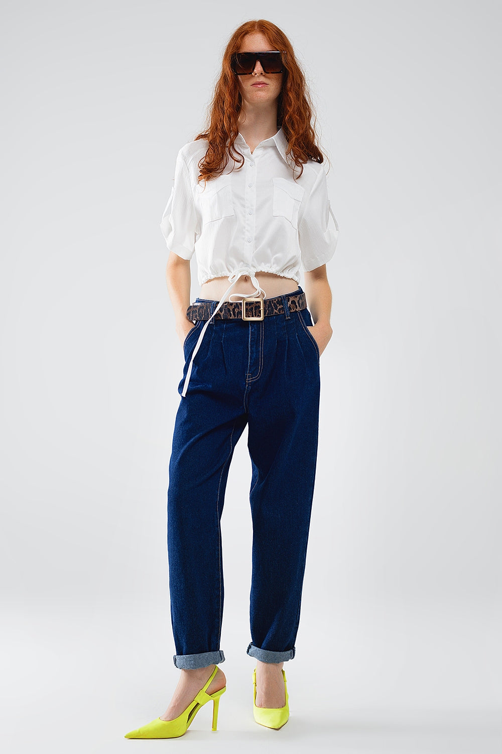 Raw Blue Mom Jeans With Pleated Detail - Denim
