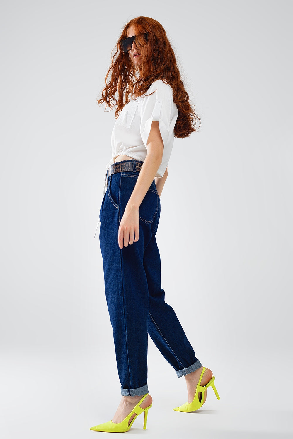 Raw Blue Mom Jeans With Pleated Detail - Denim