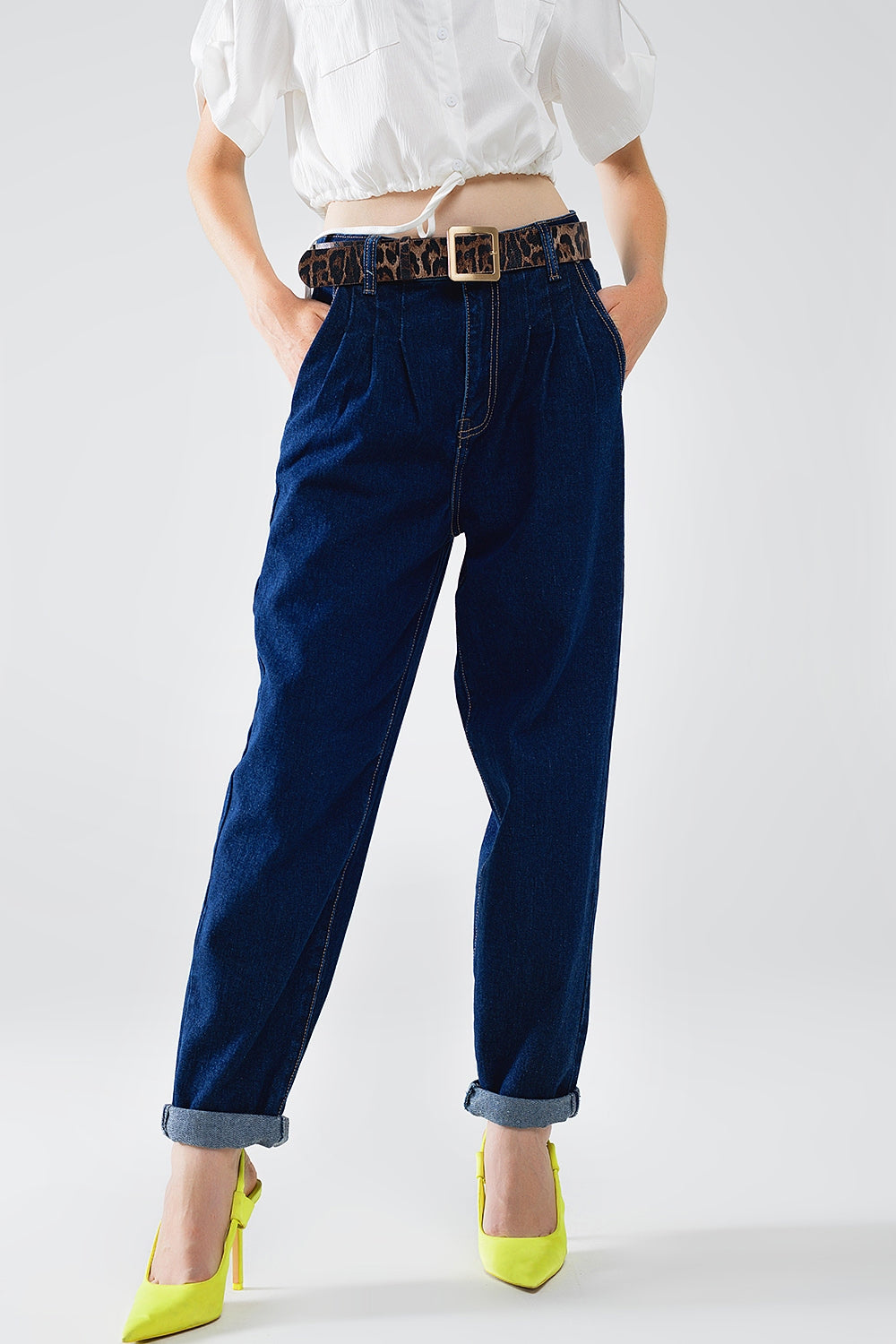 Raw Blue Mom Jeans With Pleated Detail - Denim