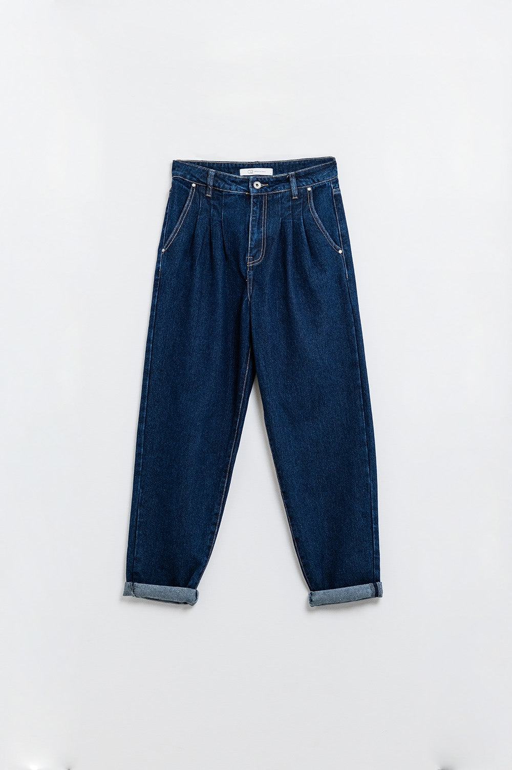 Raw Blue Mom Jeans With Pleated Detail - Denim