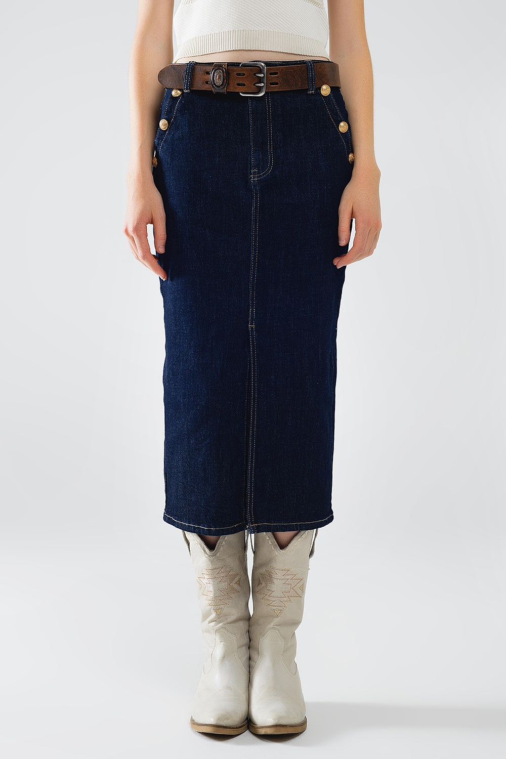 Denim Skirt With Front Slit And Gold Buttons on Sides - Skirts, Denim