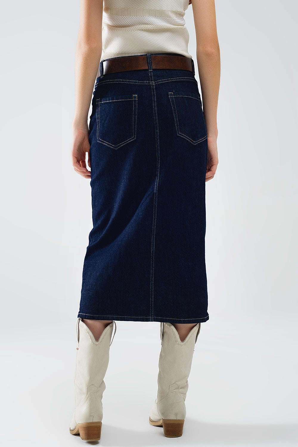 Denim Skirt With Front Slit And Gold Buttons on Sides - Skirts, Denim