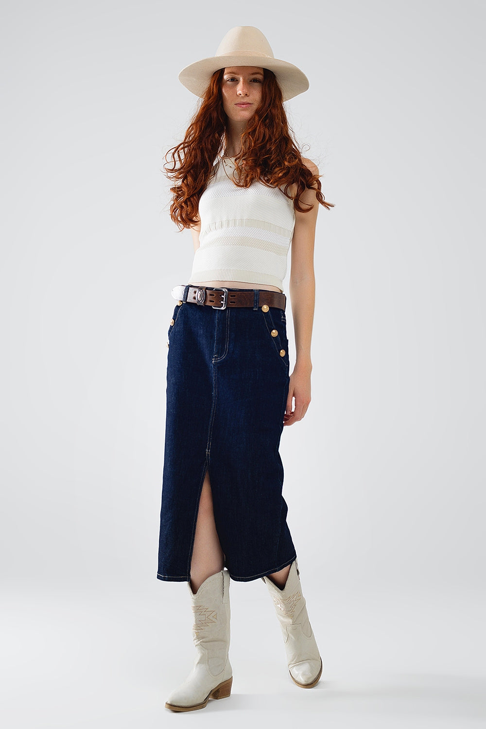 Denim Skirt With Front Slit And Gold Buttons on Sides - Skirts, Denim