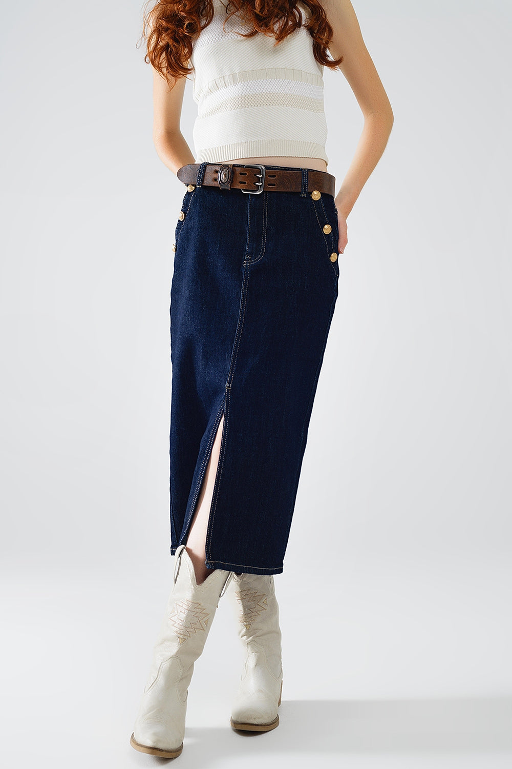 Denim Skirt With Front Slit And Gold Buttons on Sides - Skirts, Denim