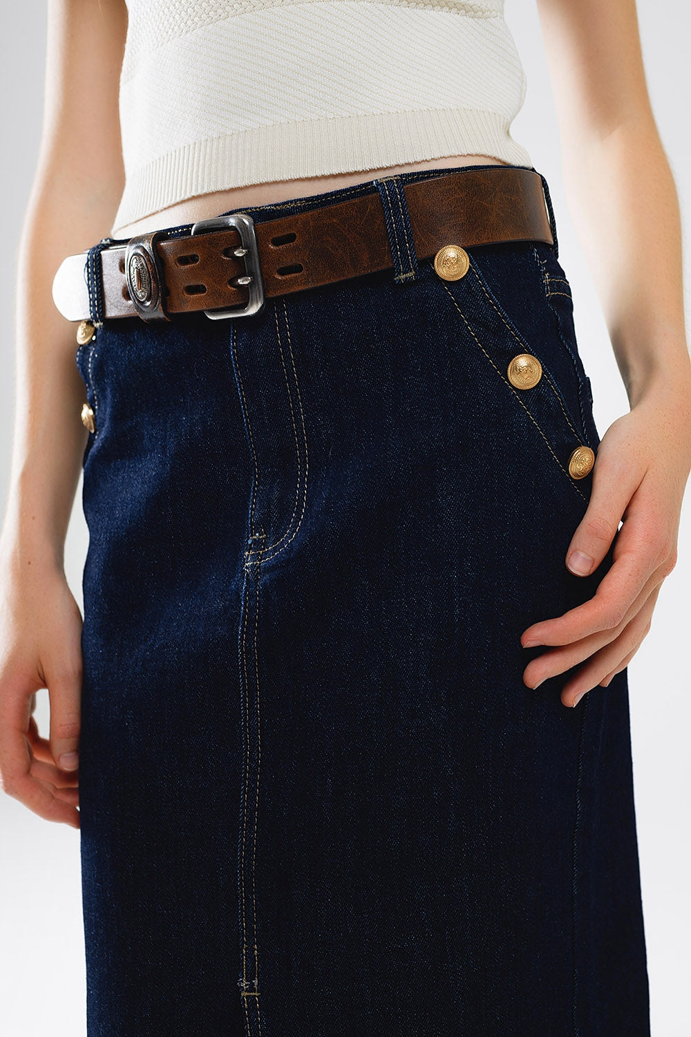 Denim Skirt With Front Slit And Gold Buttons on Sides - Skirts, Denim