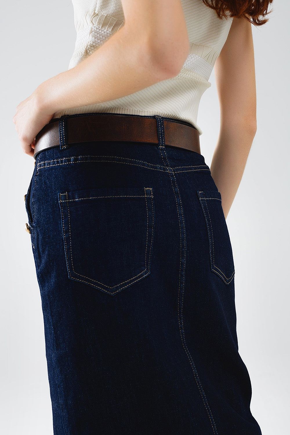Denim Skirt With Front Slit And Gold Buttons on Sides - Skirts, Denim