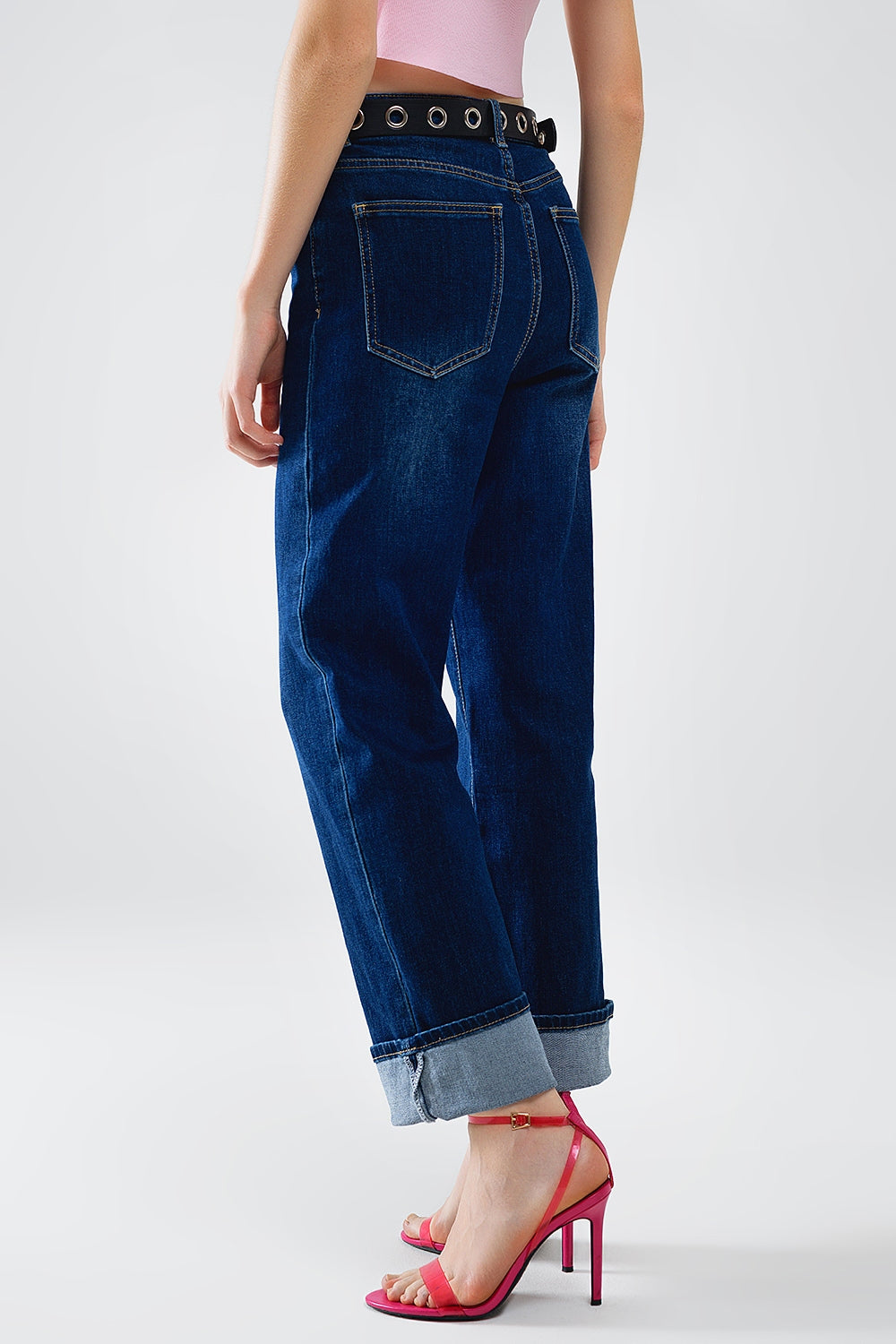 Dark Blue denim Straight Jeans With Folded Hem - Denim