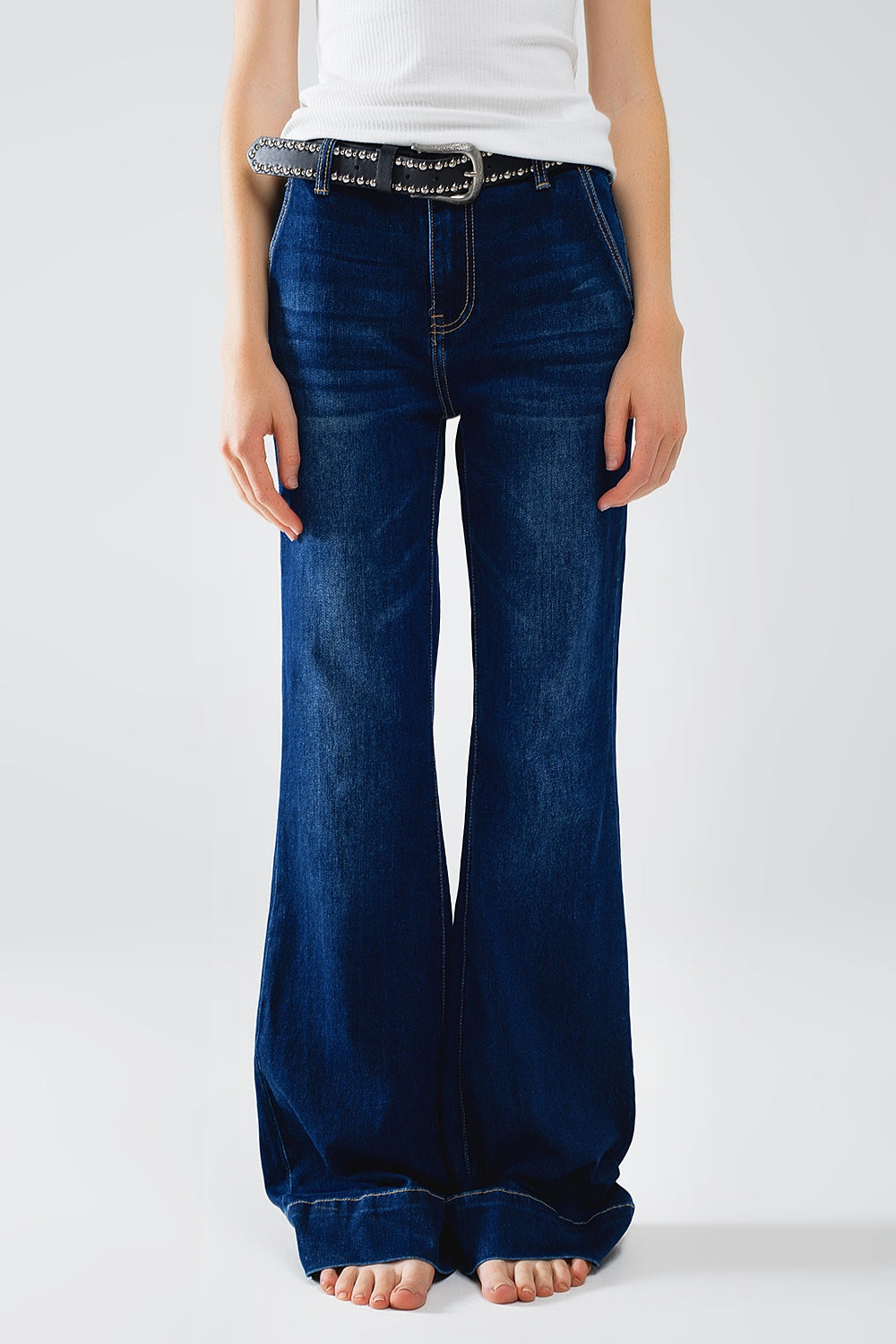High waist Dark Blue Flare Jeans - Denim