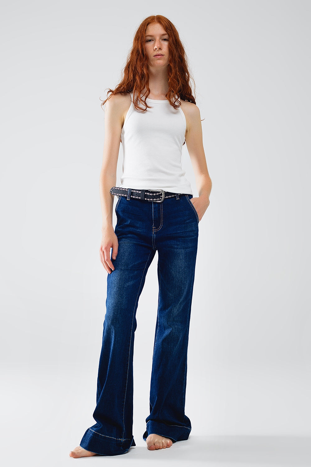 High waist Dark Blue Flare Jeans - Denim