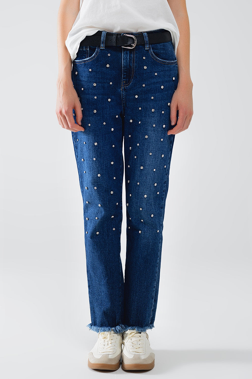Straight Blue Jeans With Strass Front Details And Frayed Ends - Denim