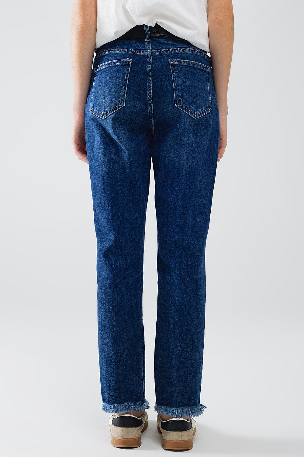 Straight Blue Jeans With Strass Front Details And Frayed Ends - Denim